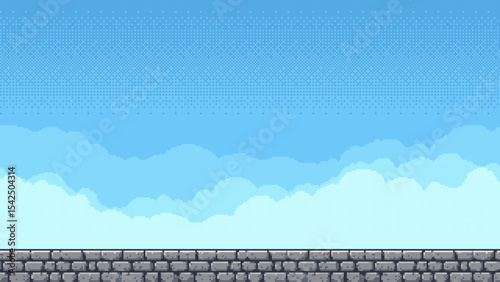Pixel art game level with brick ground and sky background. Retro 8-bit style stage for video game design and digital art concept.