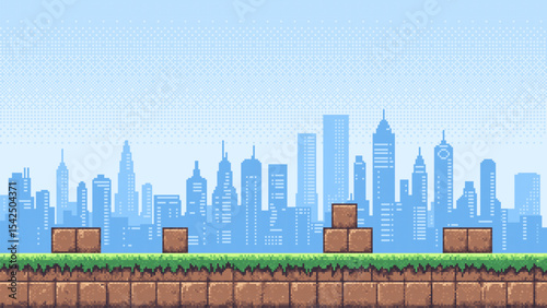Pixel art game level with a city skyline backdrop, featuring green ground and brown blocks for vintage video game design element.
