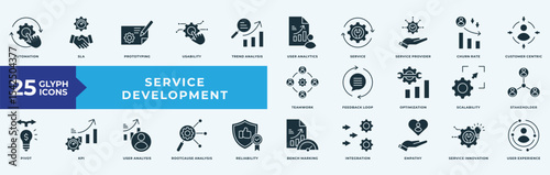 Service Development icon collection set with automation, SLA, prototyping, usability, trend analysis, user analytics