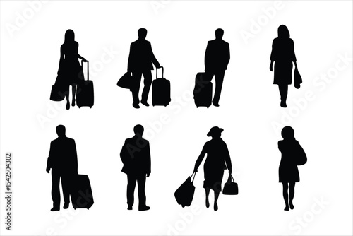 Travelers with Luggage Silhouettes - Airport Passengers Vector Set