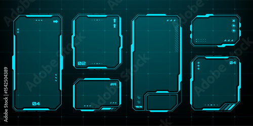 Collection of futuristic hud vector frames for ui design. Modern interface graphic element for gaming, data display.