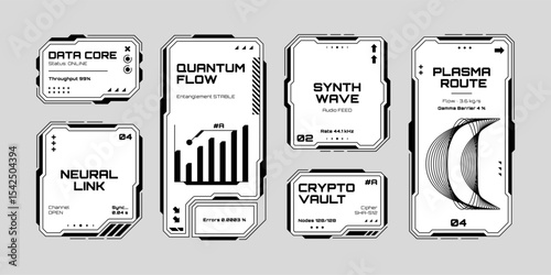 Futuristic hud vector graphics elements set, data core, quantum flow, neural link, synth wave, crypto vault, plasma route UI for digital display.