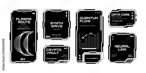 Heads up display vector graphics with futuristic computer screens for virtual reality and game user interface.