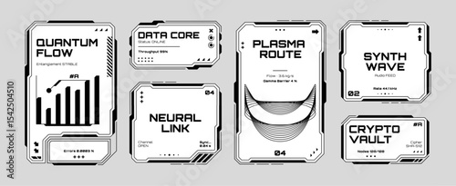 Set of black and white futuristic hud elements. Quantum flow and data core concept. User interface design for technology.