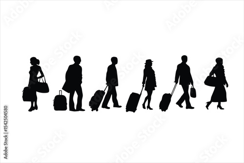 Travelers with Luggage Silhouettes - Airport Passengers Vector Set
