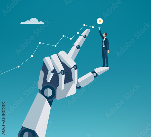 Artificial intelligence helps human to achieve a goal. Vector illustration.
