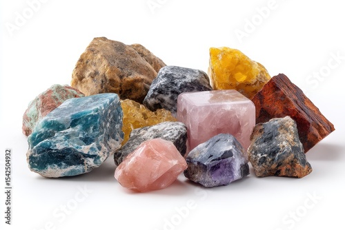 Assorted mineral stones named on a white backdrop