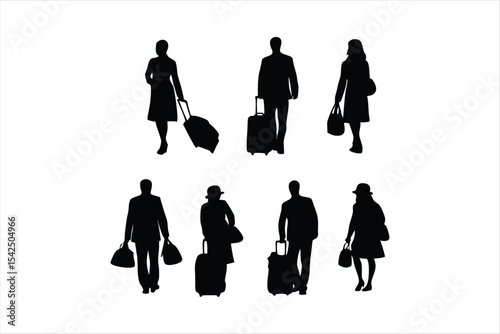 Travelers with Luggage Silhouettes - Airport Passengers Vector Set