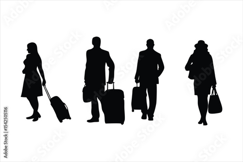 Travelers with Luggage Silhouettes - Airport Passengers Vector Set