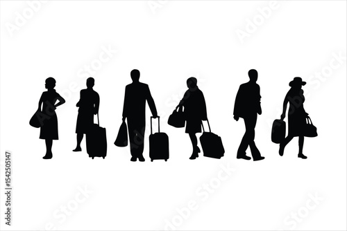 Travelers with Luggage Silhouettes - Airport Passengers Vector Set
