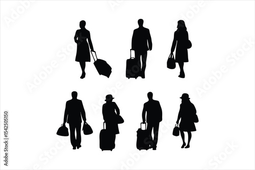 Travelers with Luggage Silhouettes - Airport Passengers Vector Set