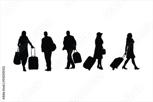 Travelers with Luggage Silhouettes - Airport Passengers Vector Set