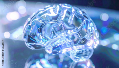 A crystal brain, a futuristic human mind fashioned from liquid, shines in high-resolution photography.