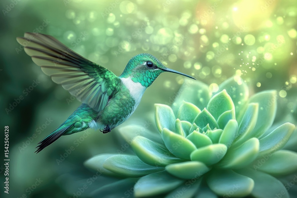 A green hummingbird flies toward a succulent plant, with a bokeh background and magical feel. A green hummingbird flies toward a succulent plant, with a bokeh background and magical feel.