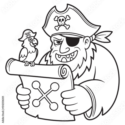 Cartoon Pirate Holding Treasure Map with Parrot – Fun Line Art Illustration for Kids
