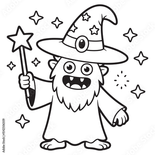  Wizard Monster Holding Magic Wand – Fantasy Cartoon Line Art for Kids Coloring Page
