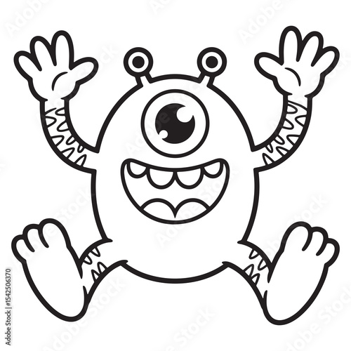  Excited One-Eyed Monster with Raised Arms – Playful Cartoon Line Art for Kids Coloring Page
