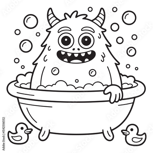 Happy Monster Taking a Bath in Tub Fun Hygiene Line Art Coloring Page
