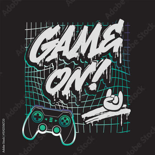 Vector illustration with text Game On! in graffiti-style, game controller, rock hand, neon grid background. Gamepad print for gaming merch, tee design, streetwear