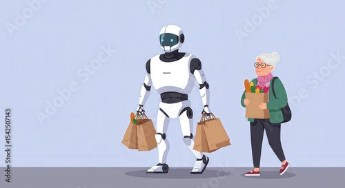 Robot assisting elderly woman with grocery shopping in modern setting  