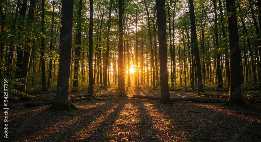 Fototapeta premium Sunlight shining through trees in a tranquil forest at sunset 