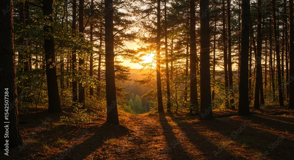 Obraz premium Sunlight filtering through trees in forest during sunset 