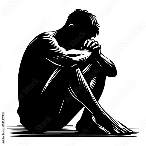 A black and white silhouette of a sad man sitting on a white isolated background. Vector graphics. EPS.