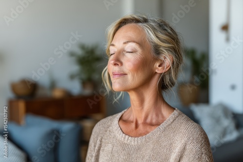 Free Download Content fit woman in her 50s meditating at home in a peaceful living room - GFXLoad
