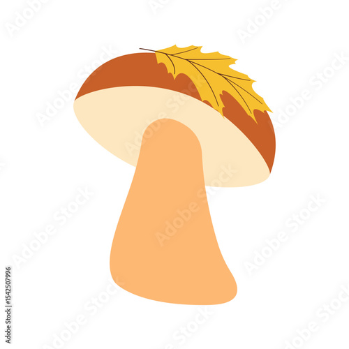 Autumn-themed flat vector: bright mushroom with yellow leaf for fall decorations. Vector illustration for banners, cards, social media