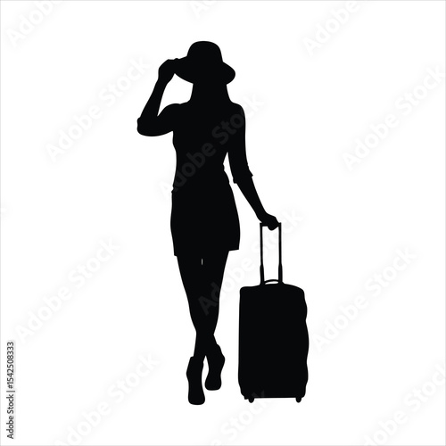Female Traveler with Luggage Silhouette - Woman Ready for Trip Vector