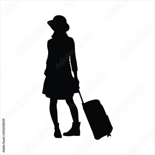 Female Traveler with Luggage Silhouette - Woman Ready for Trip Vector
