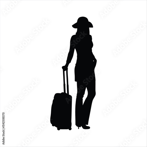 Female Traveler with Luggage Silhouette - Woman Ready for Trip Vector