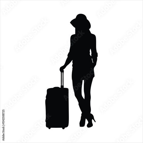Female Traveler with Luggage Silhouette - Woman Ready for Trip Vector