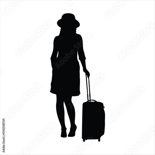 Female Traveler with Luggage Silhouette - Woman Ready for Trip Vector
