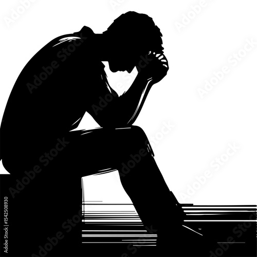 A black and white silhouette of a sad man sitting on a white isolated background. Vector graphics. EPS.