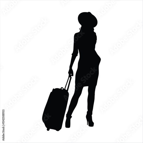 Female Traveler with Luggage Silhouette - Woman Ready for Trip Vector