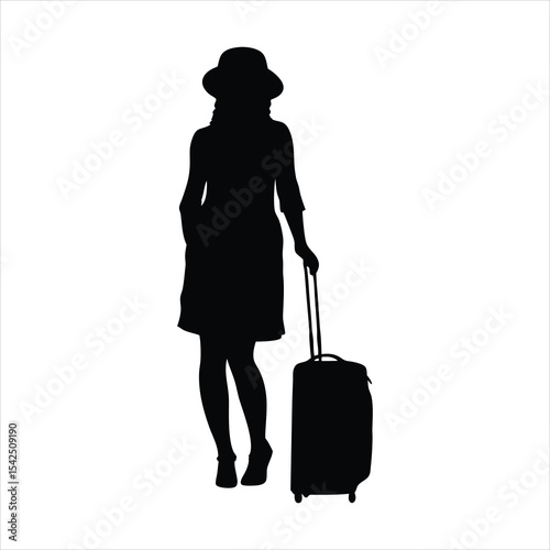 Female Traveler with Luggage Silhouette - Woman Ready for Trip Vector