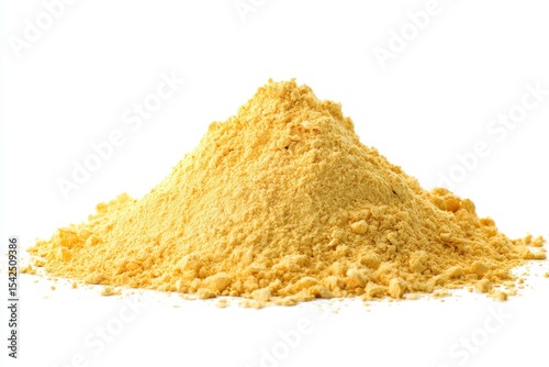 Deactivated nutritional yeast mound on white background seen from the side