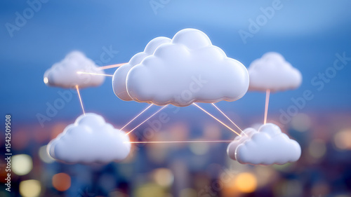 Network of interconnected clouds floats against blurred cityscape, symbolizing cloud computing and data exchange. glowing lines between clouds highlight connectivity and technology