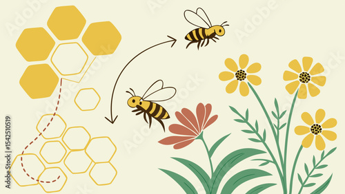 Bees collecting honey from flowers illustration for honey production and pollination process concept art