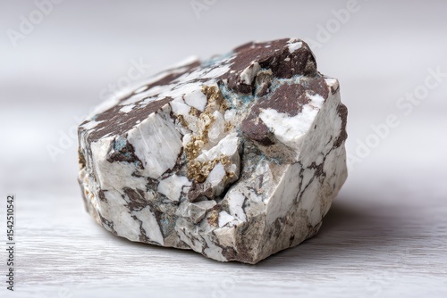 Detailed view of polished Magnesite specimen from geological collection set against a white marble background sourced from the Satkinskoe deposit in the Southern Urals Russia