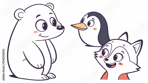 Cute cartoon polar bear penguin and fox illustration for children's book and animal character design