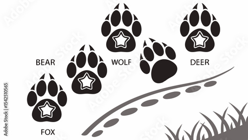 Animal tracks identification guide featuring bear wolf deer and fox paw prints for wildlife enthusiasts