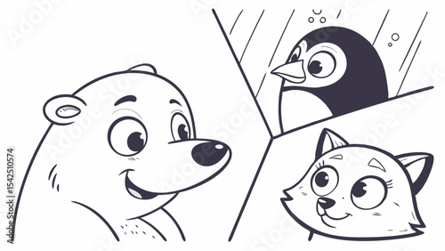 Animals coloring page polar bear penguin fox vector illustration for kids and children drawing activity fun 100