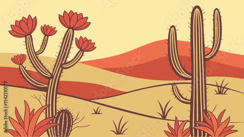 Beautiful desert landscape illustration with cactus and mountains vector background design art, arid scene is cool 100