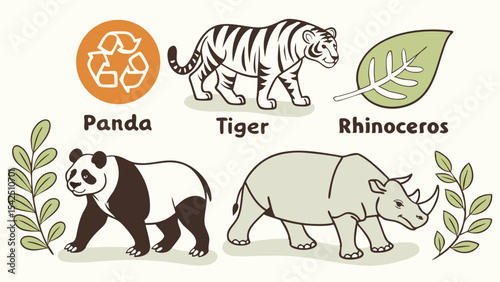 Illustration of endangered animals panda tiger rhinoceros with recycle symbol and leaves drawing art 100