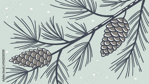 Illustration of pine cones on a branch with snow for christmas and winter holiday season decor element design