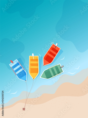 Brightly colored boats sway on the waves. Boats in the sea.