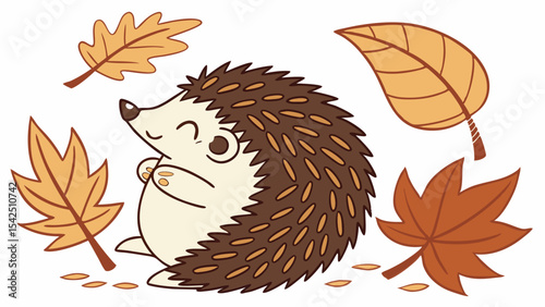 Cute autumn hedgehog with falling leaves vector illustration for seasonal design and decoration items
