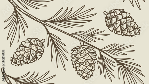 Pine cone drawing vector illustration with tree branch and needles for christmas design and decoration use